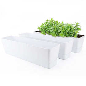 GREANER white window box planter on a sunny balcony for herbs and flowers