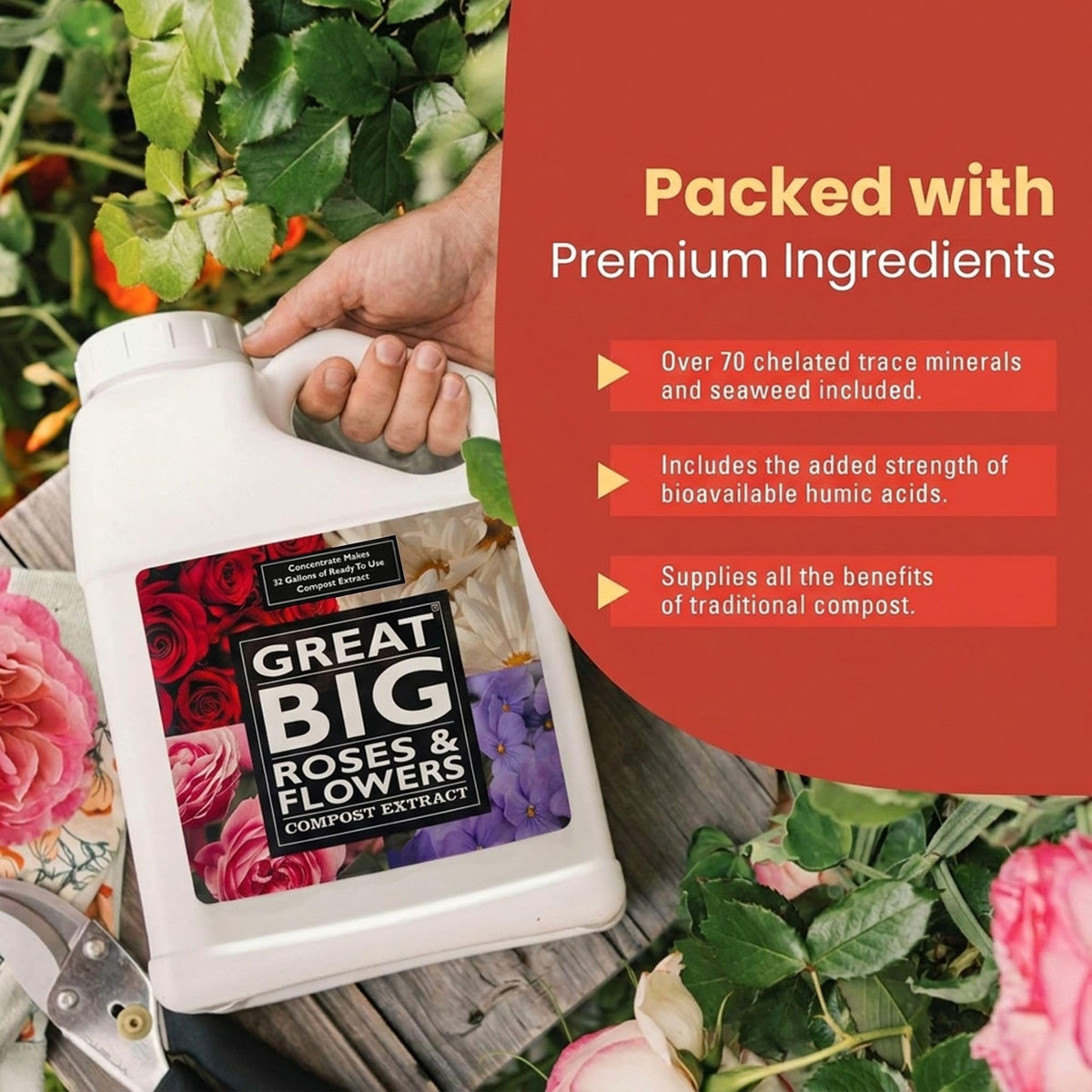 Great Big Roses easy-apply image conveys simple mixing and around-base application.