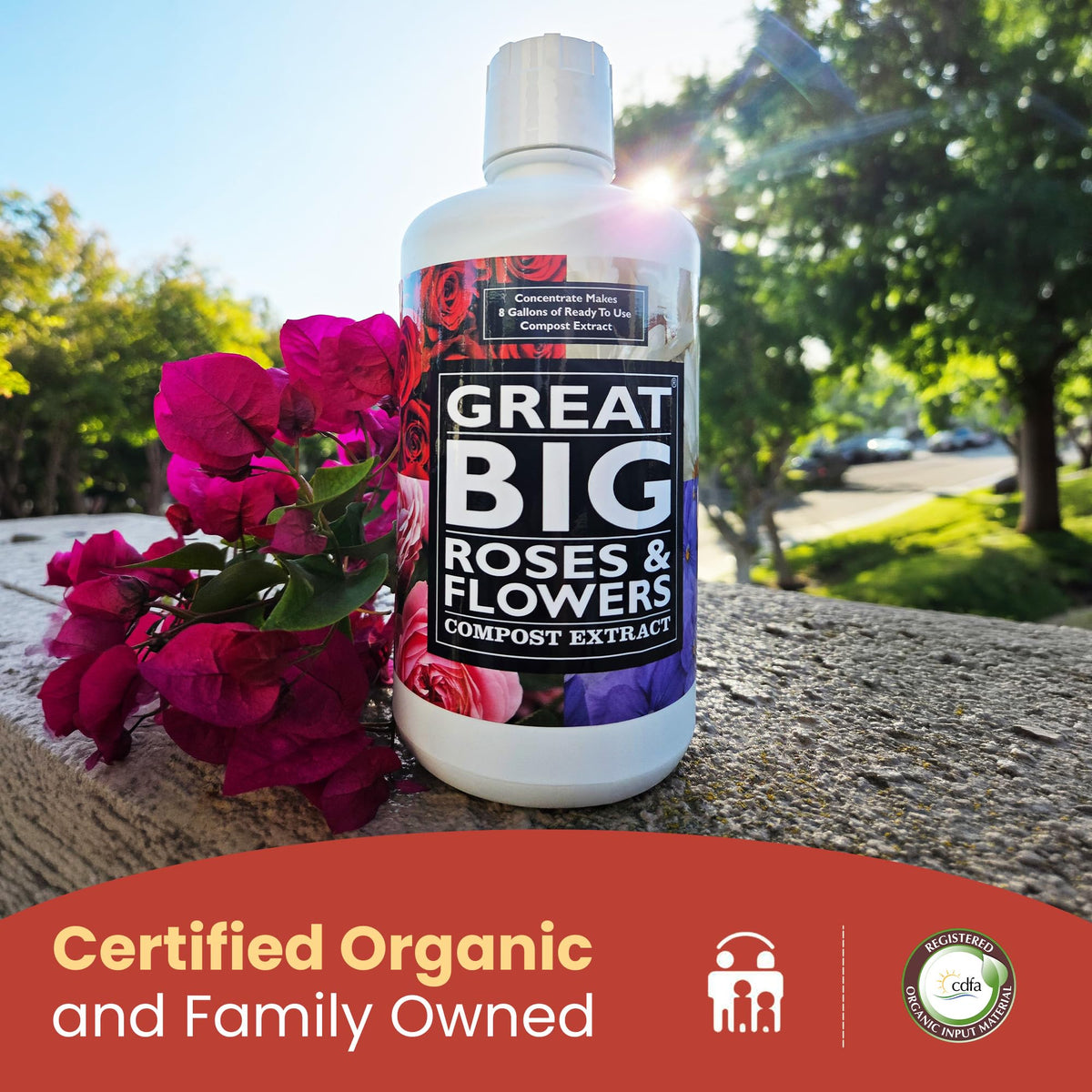 Great Big Plants organic input material label signals eco-friendly rose care.