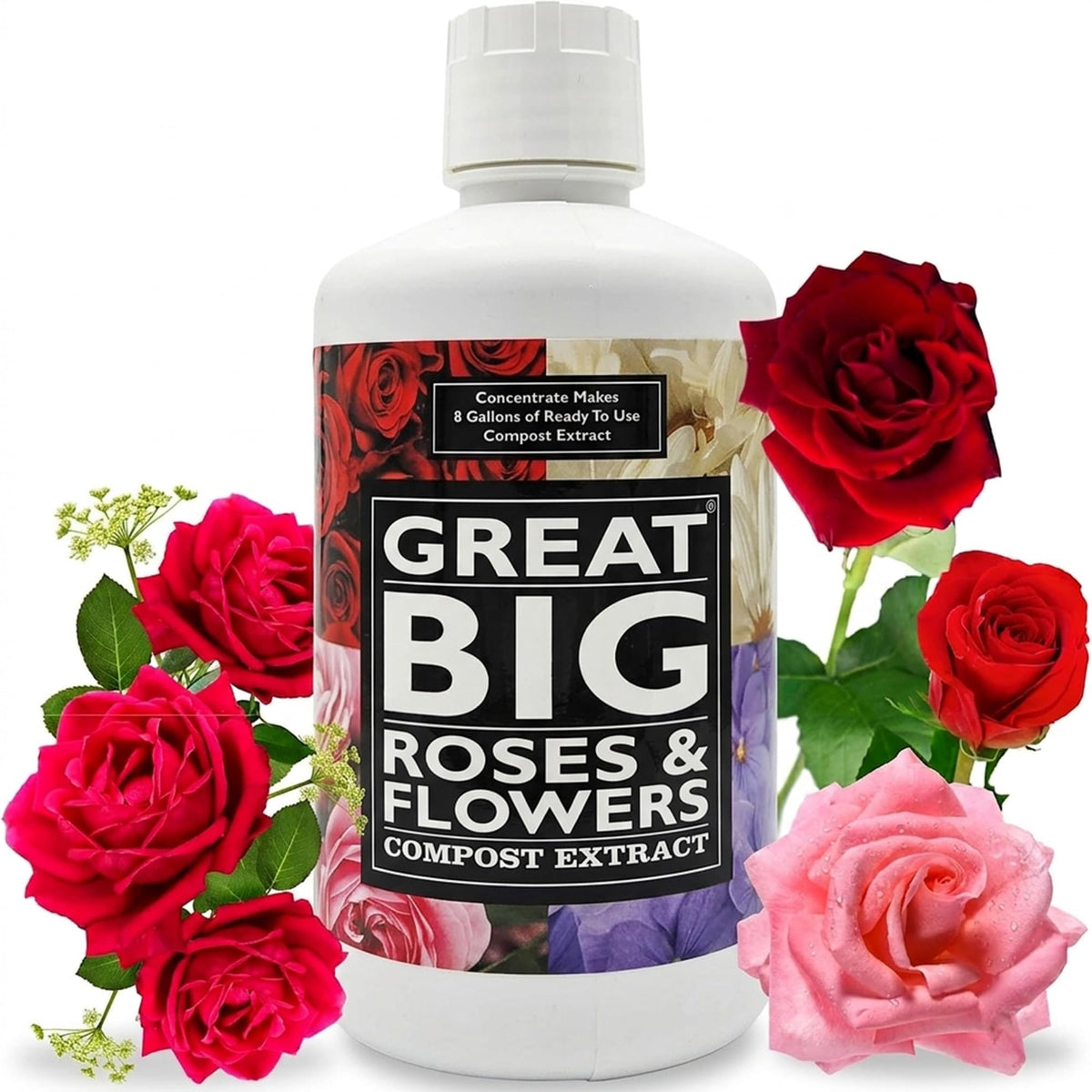 Great Big Plants rose fertilizer booster bottle pour promotes root feeding for healthy blooms.