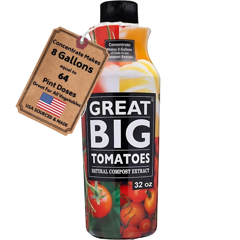 Great Big Tomatoes booster bottle close-up showing soil-friendly formula for stronger root growth
