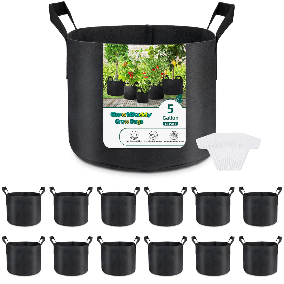 GreatBuddy 12-pack grow bags close-up shows thick fabric for durability.