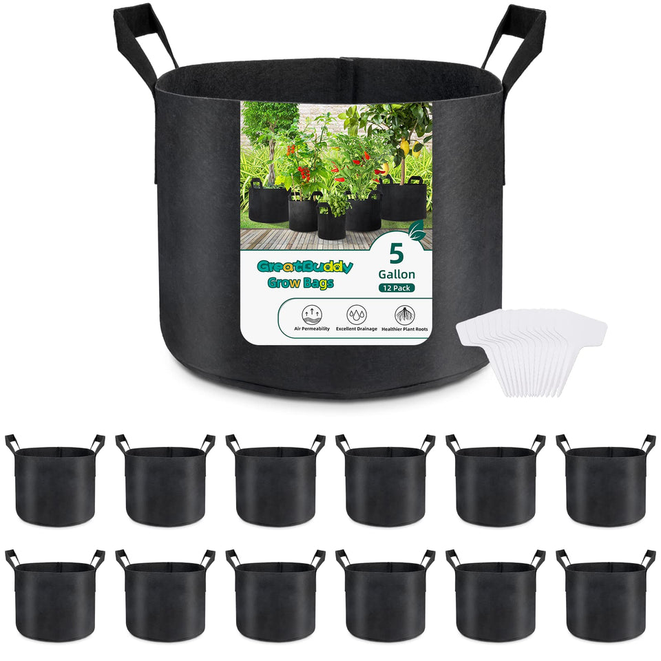 GreatBuddy 12-pack grow bags close-up shows thick fabric for durability.