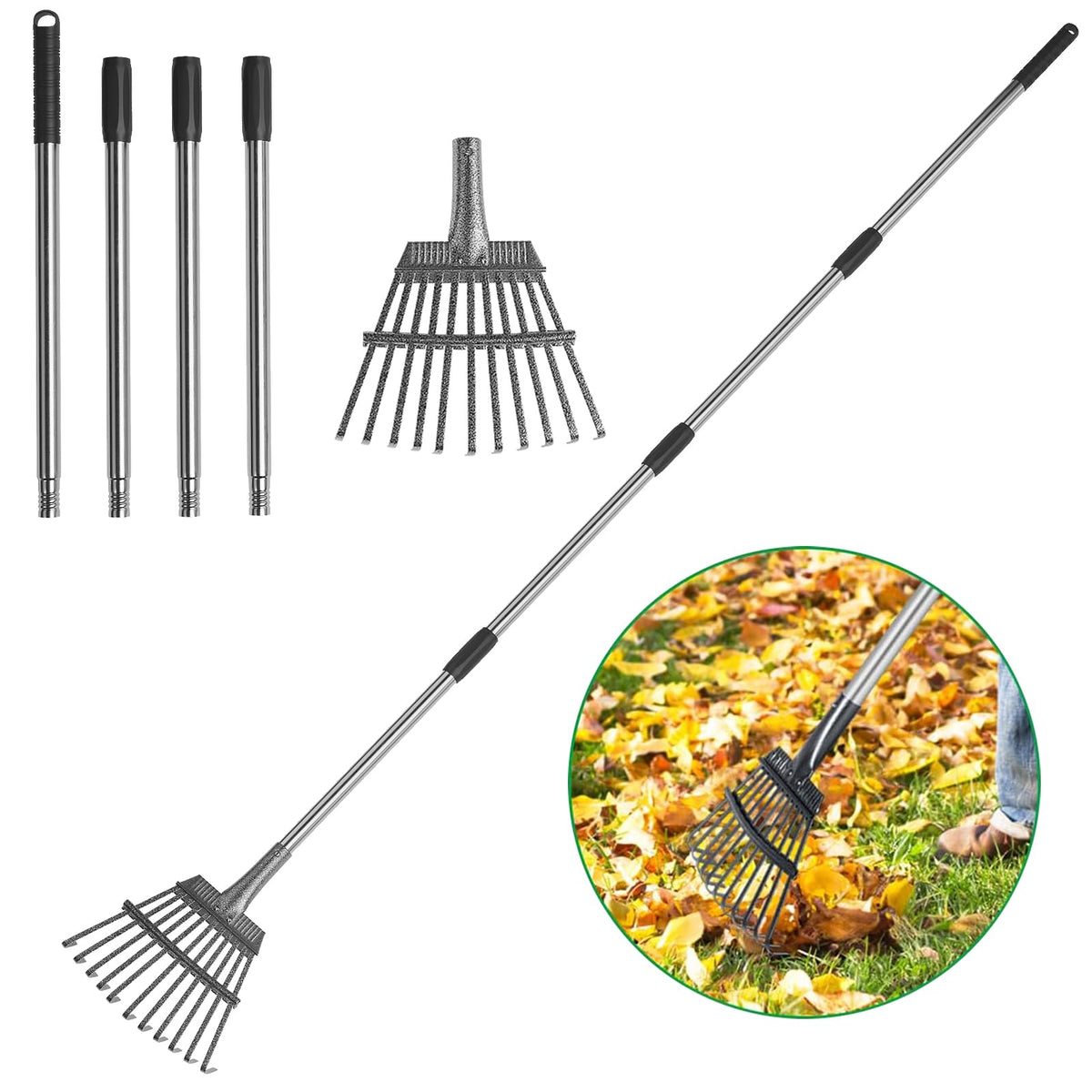 GreatBuddy adjustable leaf rake with 8'' wide head clearing leaves in a shrub bed.