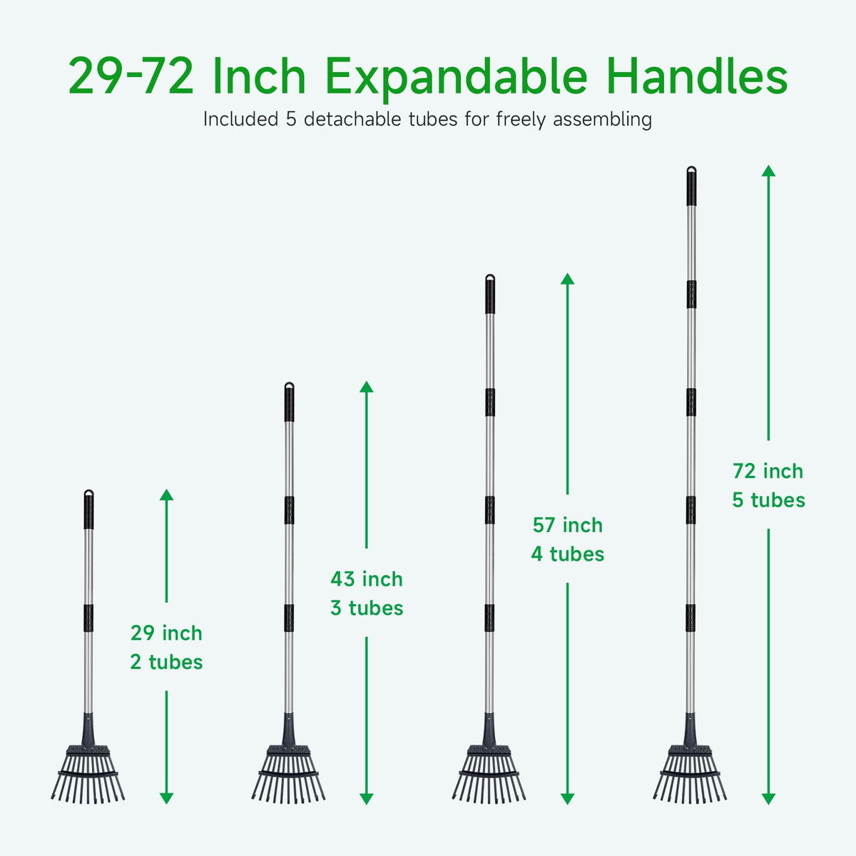 Extendable GreatBuddy rake handle reaches high beds for comfortable use.