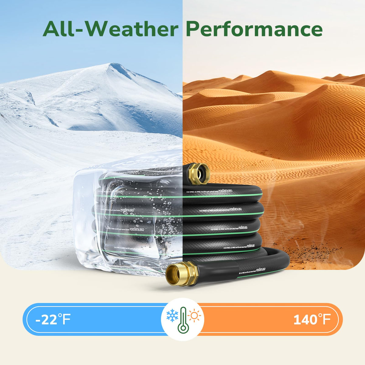 GreatBuddy hose stays flexible from -22°F to 140°F for year-round use