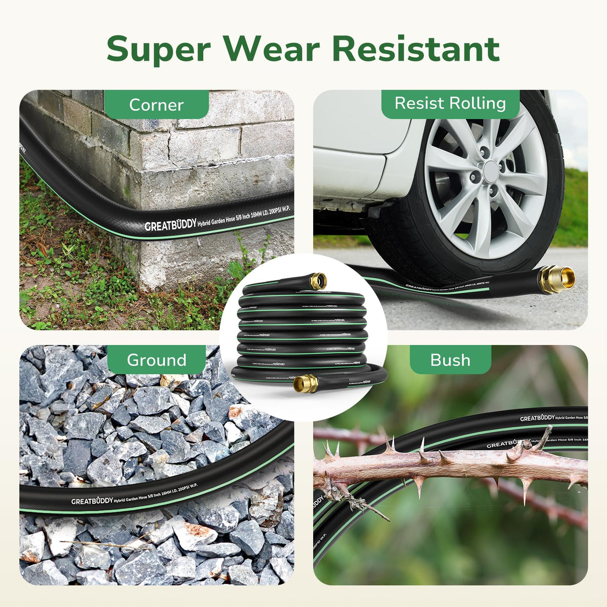 GreatBuddy garden hose 75ft ideal for watering lawns and patios.