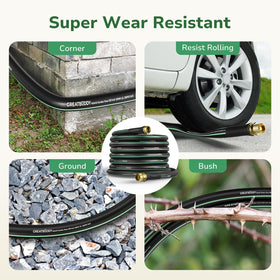 GreatBuddy garden hose 75ft ideal for watering lawns and patios.