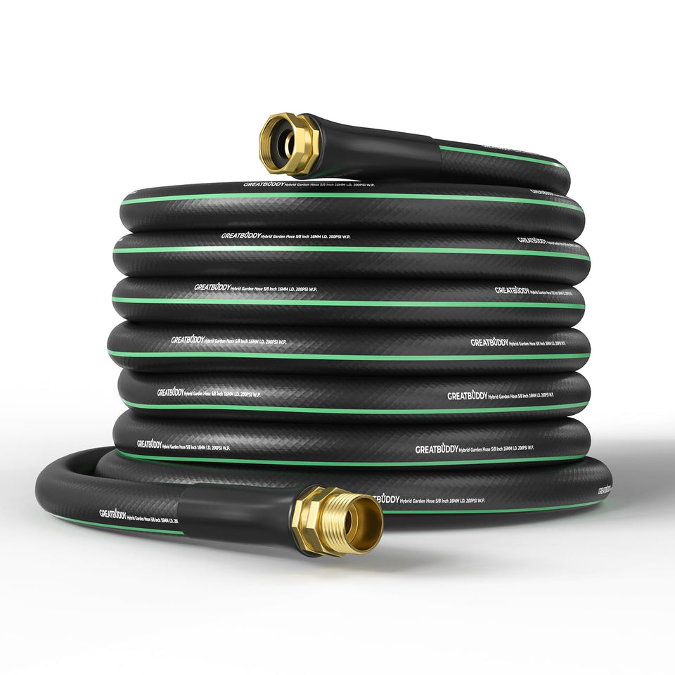 GreatBuddy garden hose 75ft crush-rebound body for durability and kink resistance.