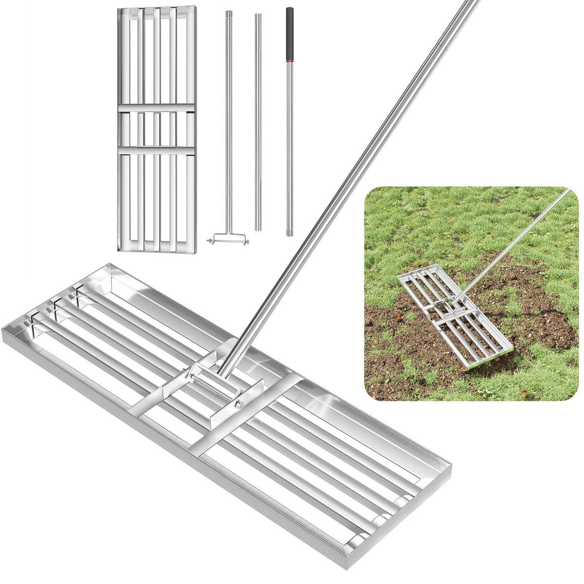 GreatBuddy lawn leveling rake head 30x10 inches for precise soil smoothing.