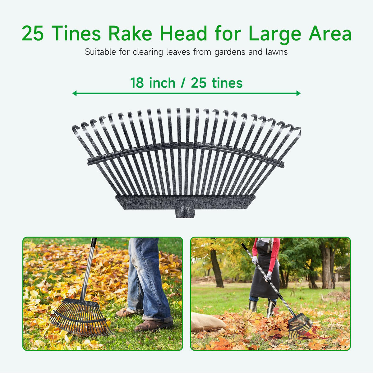 GreatBuddy rake with an 18-inch wide head for fast leaf gathering