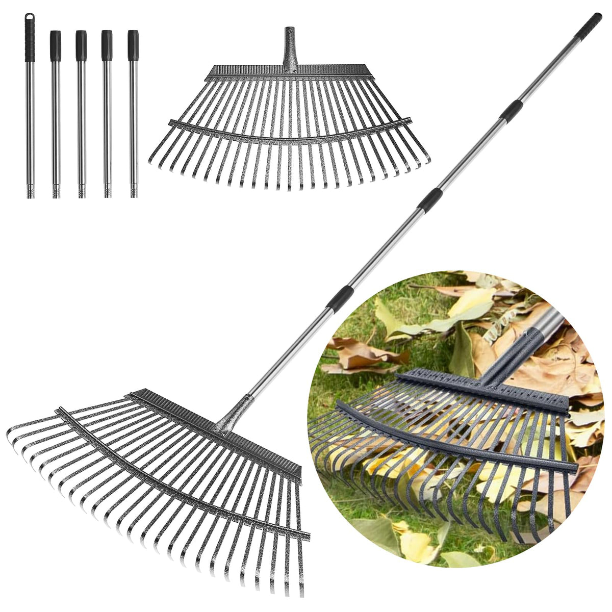 Extenable Rake GreatBuddy 72-Inch Expandable Leaf Rake – 18-inch Wide, 25 Tines, Stai ...