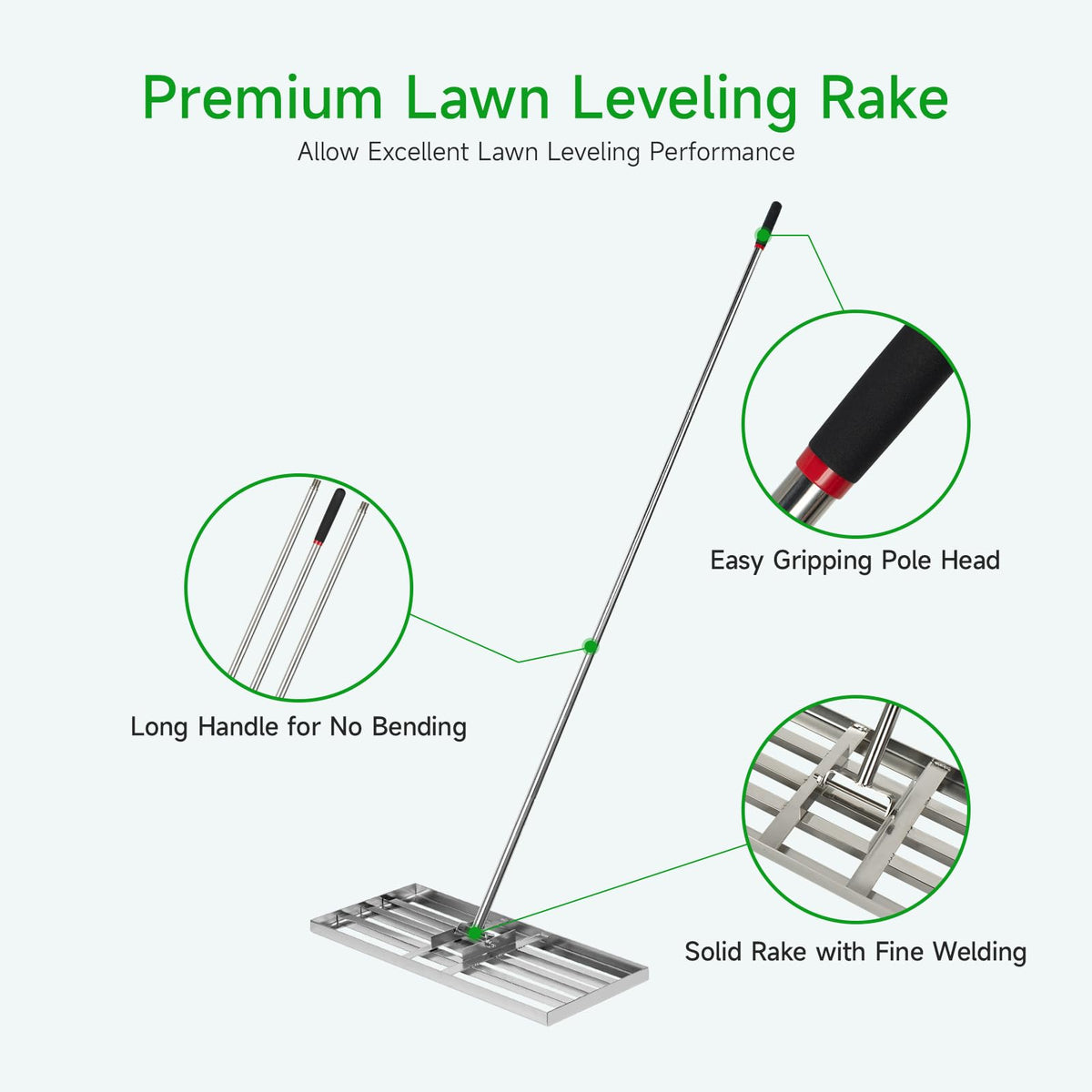 GreatBuddy sharp rake edge glides smoothly over turf for even surfaces.