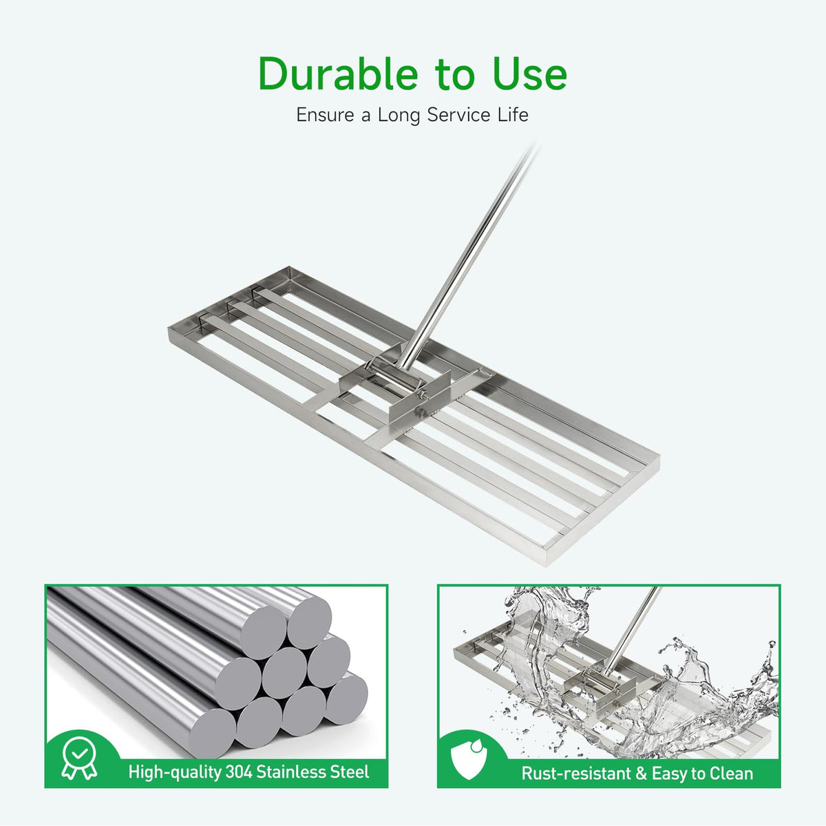GreatBuddy 304 stainless steel rake head for durable, rust-resistant outdoor use.