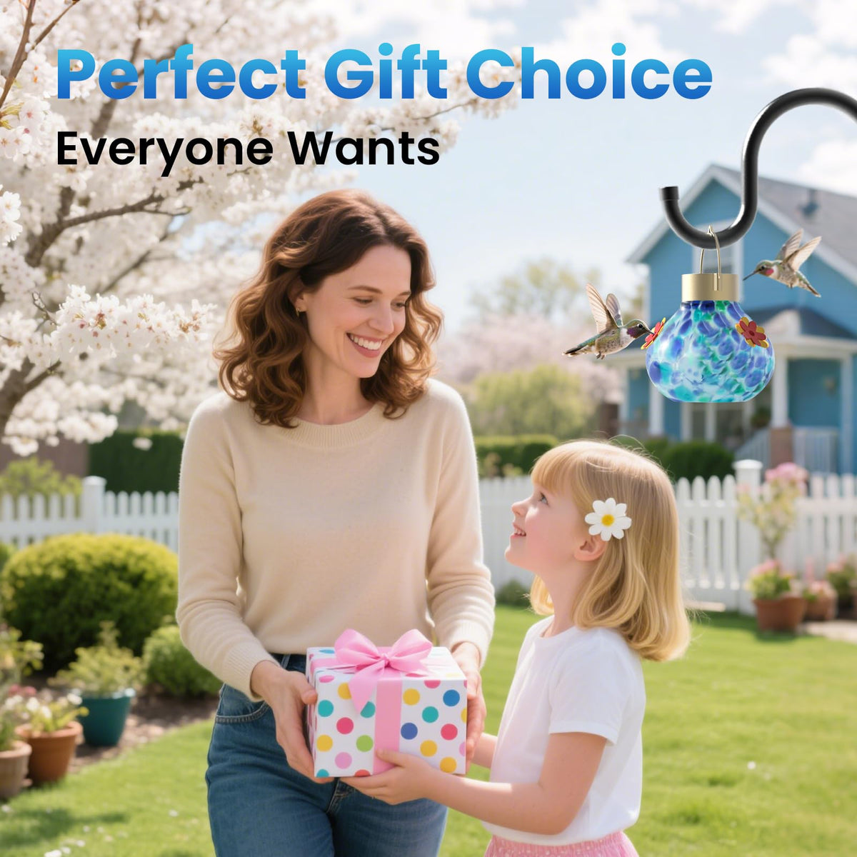 Grebilux hand-blown glass hummingbird feeder highlights lifelike flowers