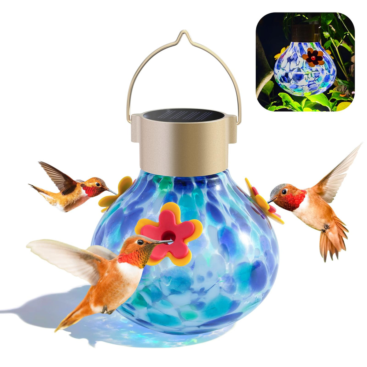 Grebilux blue solar light hummingbird feeder glows at dusk to attract birds
