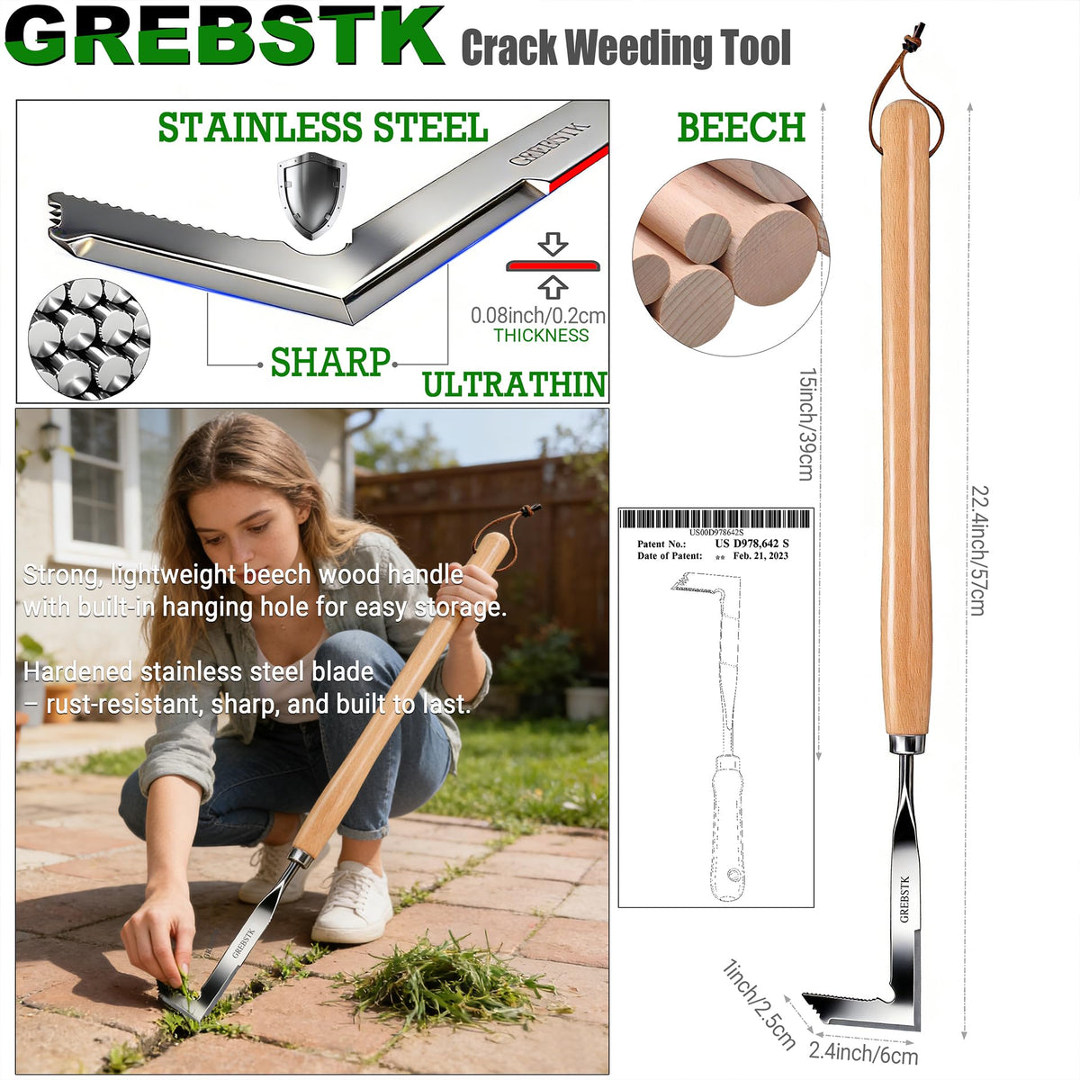 GREBSTK crevice weeder highlights beech handle for comfortable, non-slip grip