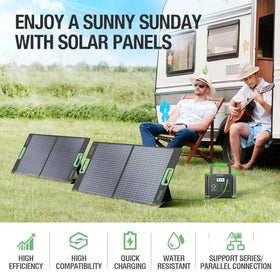GRECELL 100W panel powering an off-grid outdoor setup