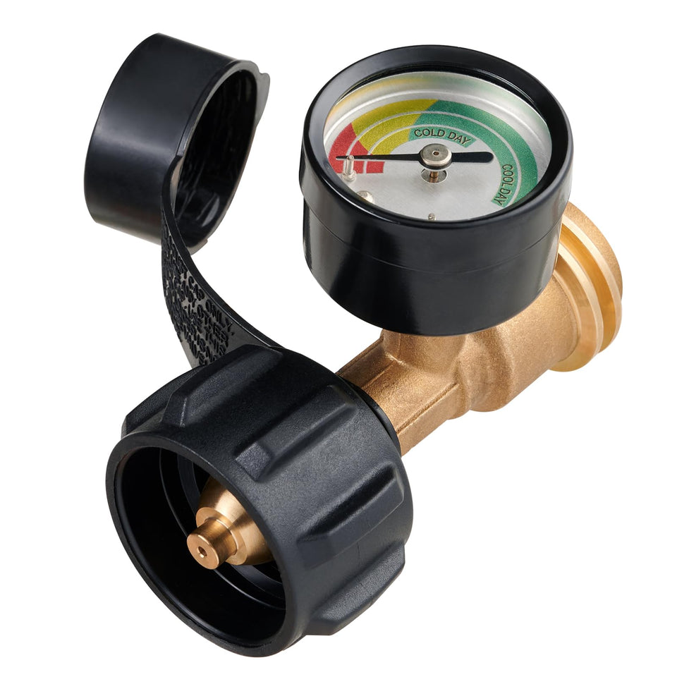 Grecodown propane tank gauge dial shows fuel level at a glance for quick grilling.