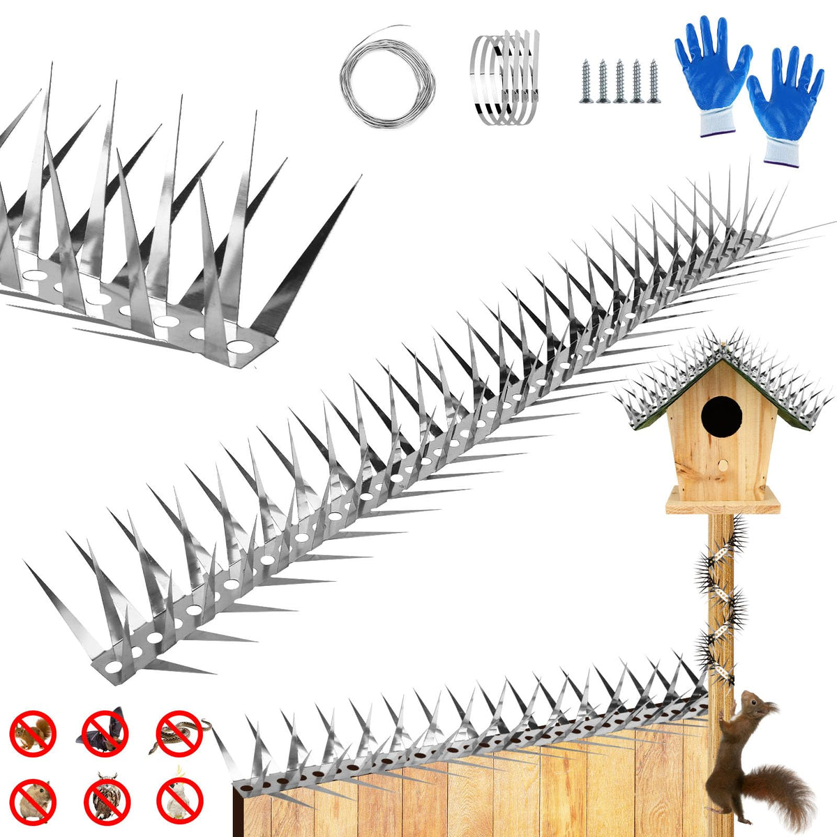 GRECOMEIN bird spikes 40-inch installation on gutter deters raccoons and birds