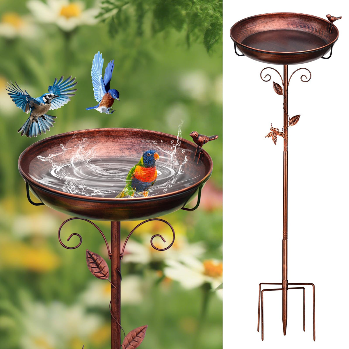 GRECOMEIN metal bird bath with hummingbird on pole attracts birds and adds focal decor.