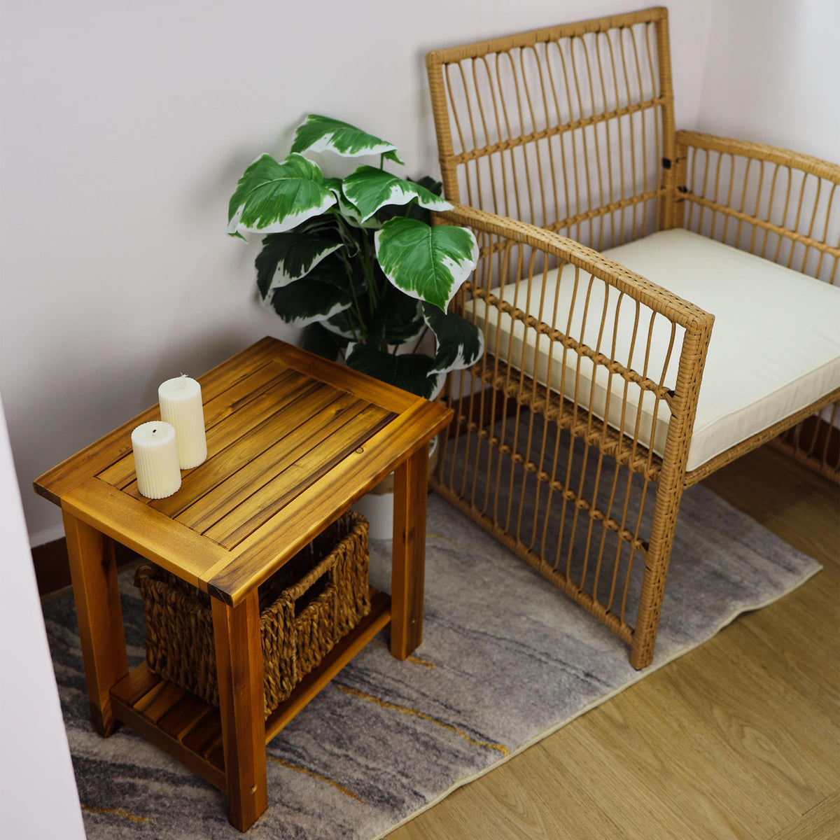 GREEN ALLUVIUM Table includes towel, plant, or decor storage on its two tiers.