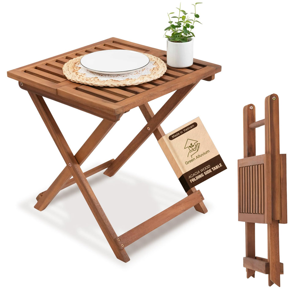 GREEN ALLUVIUM folding table outdoor-ready with golden teak finish for patio use