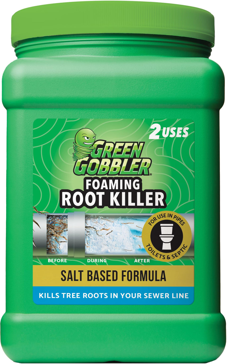 Green Gobbler Foaming Root Killer bottle pour with foam targeting pipe roots to prevent clogs.