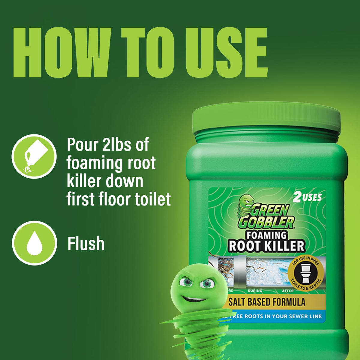 4 lb Green Gobbler package highlighting two-use capacity for root maintenance.