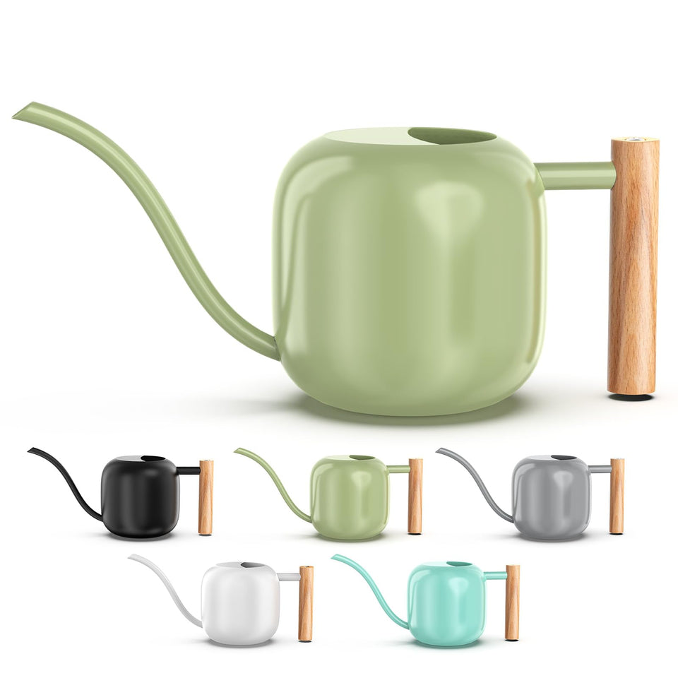 Green Moon sage green watering can with a long spout for precise indoor watering.