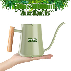 Green Moon wooden-handle watering can for comfortable grip during plant care