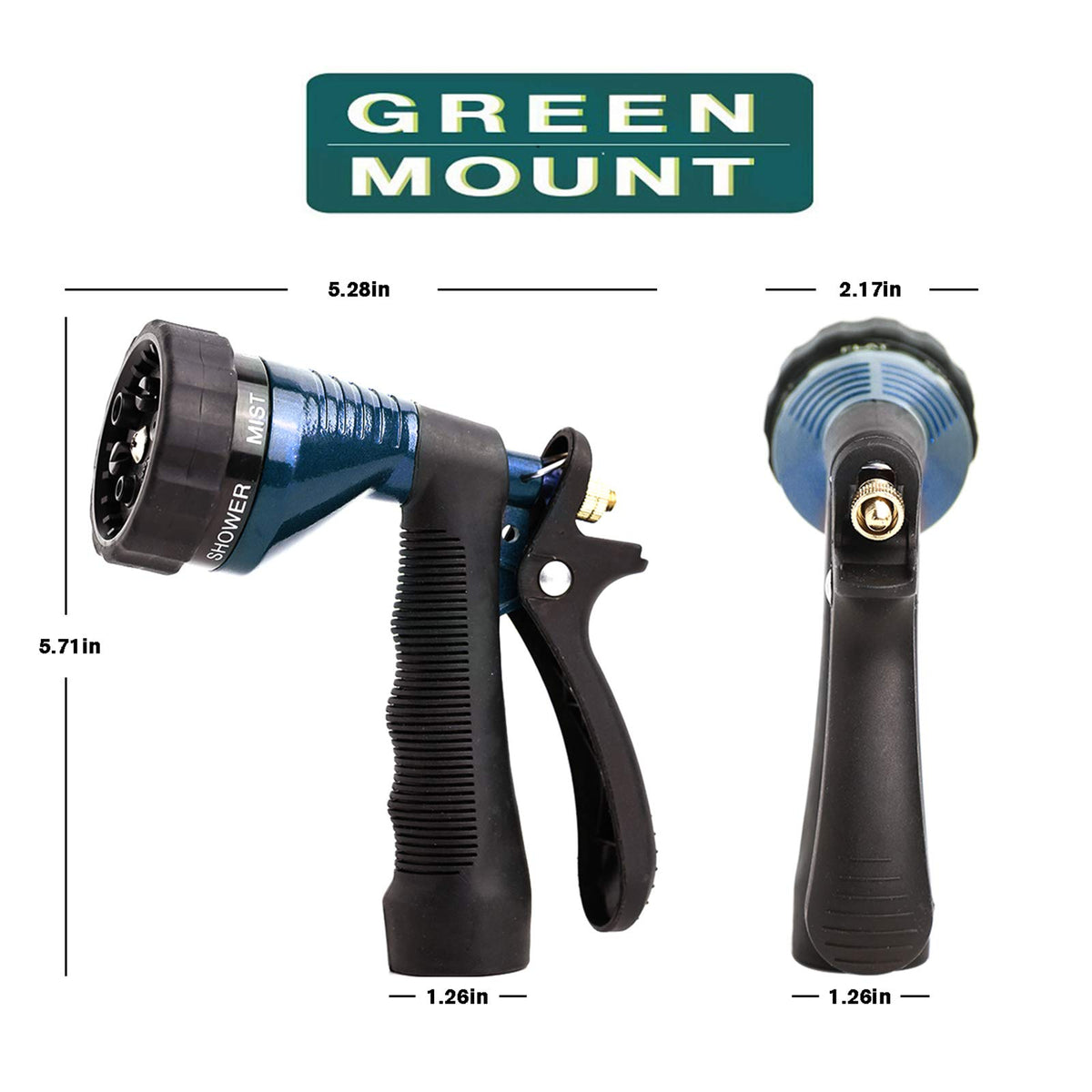 GREEN MOUNT hose nozzle showing adjustable spray patterns for versatile watering