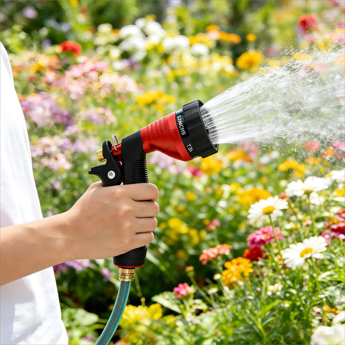 Green Mount nozzle showing adjustable spray patterns for versatile watering