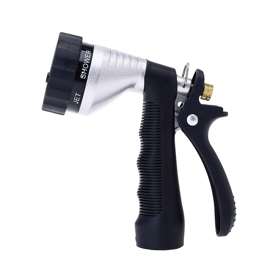 GREEN MOUNT water hose nozzle with pistol grip for comfortable watering.