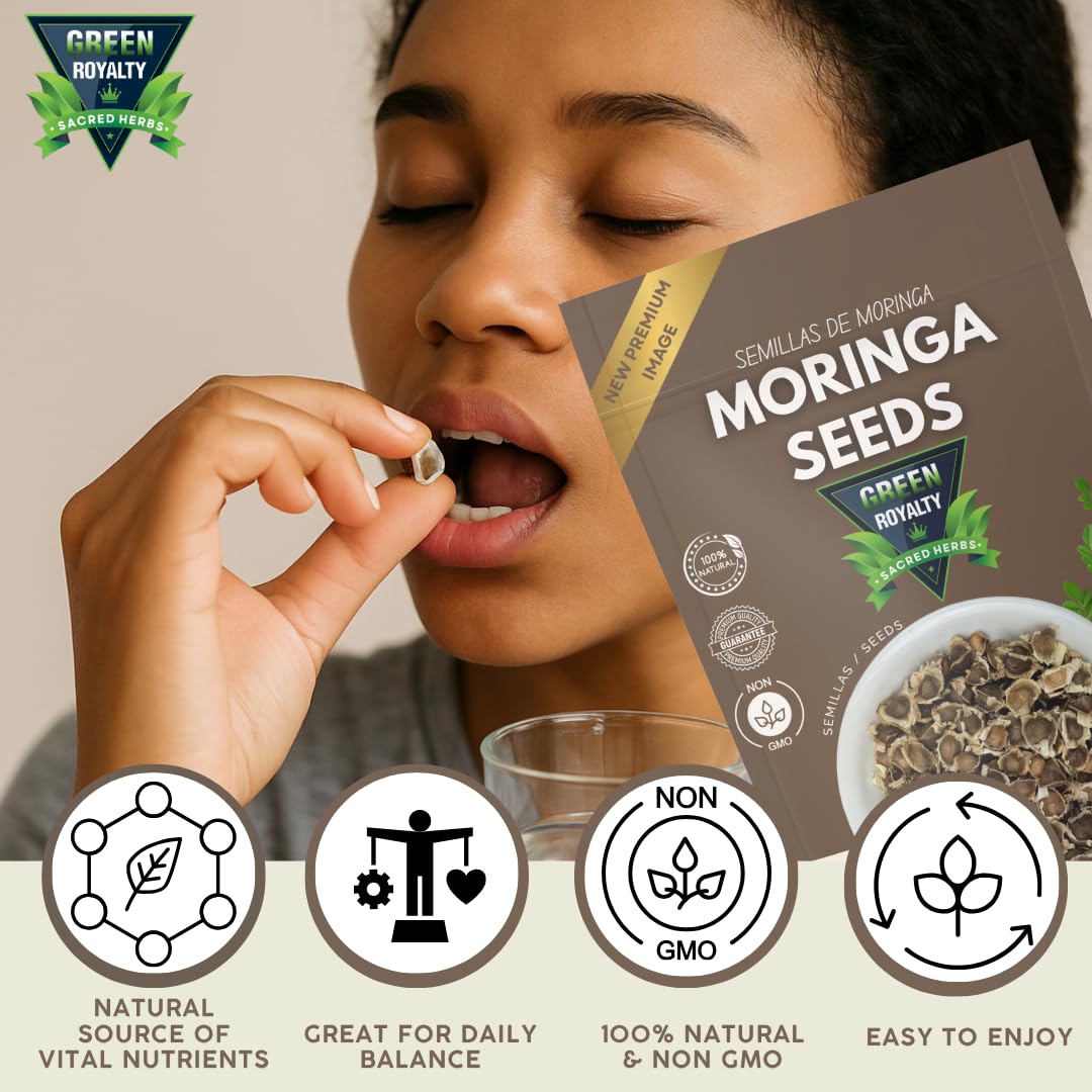 Green Royalty Moringa seeds close-up, nutrient-rich seeds ideal for raw snack or infusions.