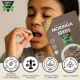 Green Royalty Moringa seeds close-up, nutrient-rich seeds ideal for raw snack or infusions.