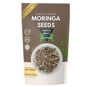 Green Royalty Moringa seeds packaging on shelf, premium herbal source for daily balance.