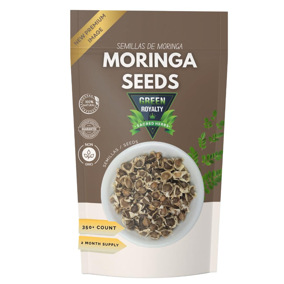 Green Royalty Moringa seeds packaging on shelf, premium herbal source for daily balance.