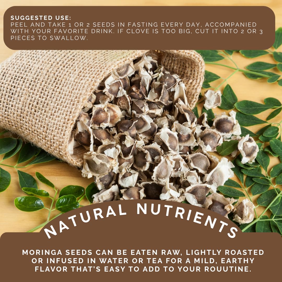 Green Royalty Moringa seeds in tea infuser, tasting notes and gentle energy.