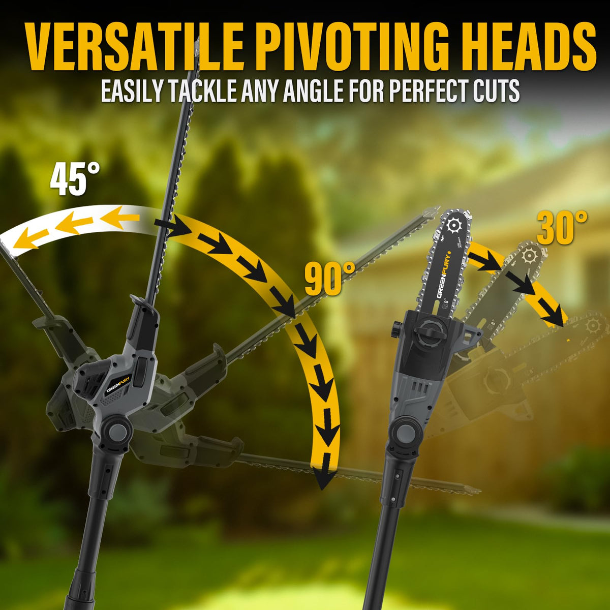 Greenfury adjustable saw head 0–30° for tight spots.