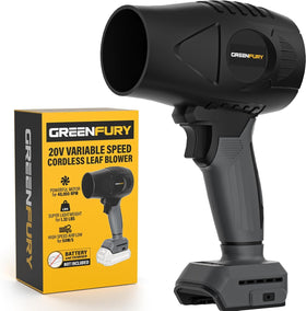 GREENFURY cordless leaf blower showing DEWALT 20V compatibility for convenient power reuse