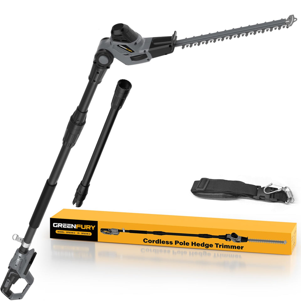 Greenfury cordless hedge trimmer ready for Dewalt 20V Max batteries for easy yard maintenance.