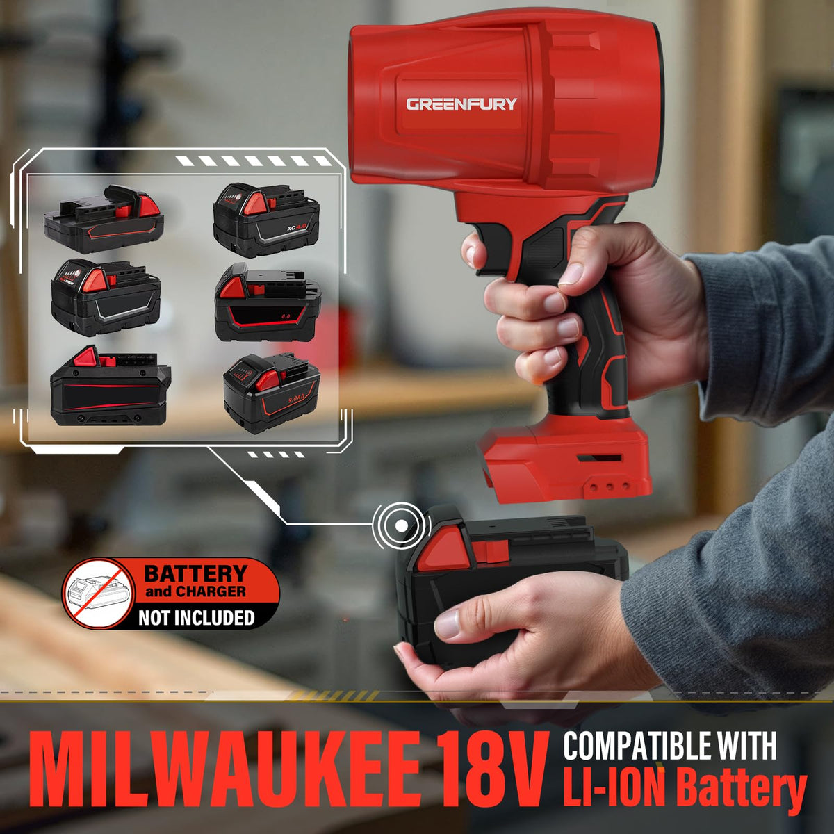 Greenfury leaf blower battery-slot showing quick snap-in battery connection.