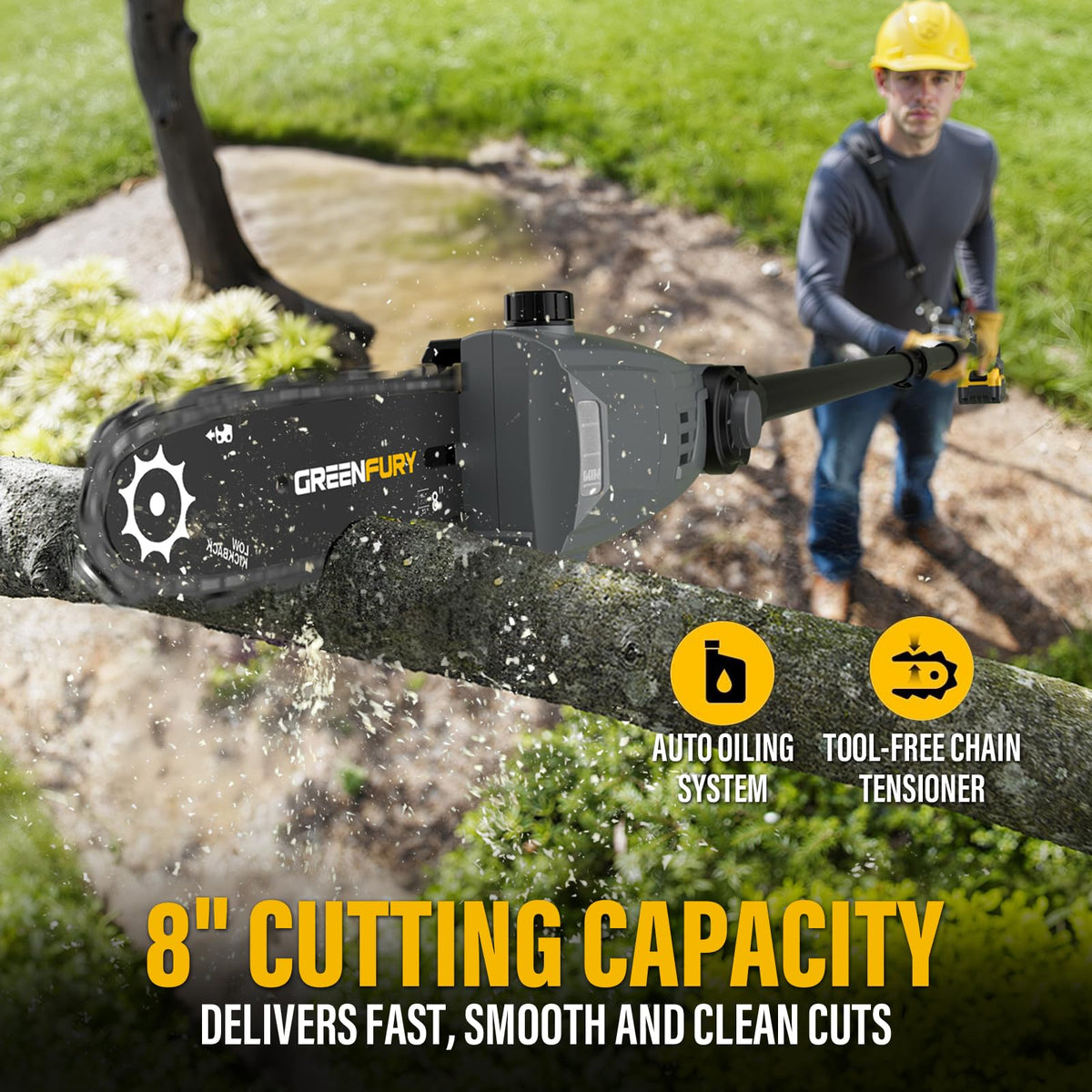 Greenfury telescopic extension pole reaches up to 16 feet.
