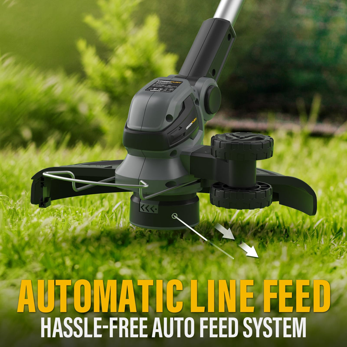 Greenfury trimmer-edger conversion shows 90° head and 180° handle rotation for edging.