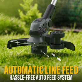 Greenfury trimmer-edger conversion shows 90° head and 180° handle rotation for edging.