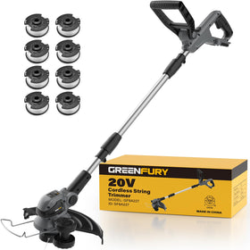 Greenfury weed wacker with Dewalt 20V MAX compatibility for cord-free yard work.