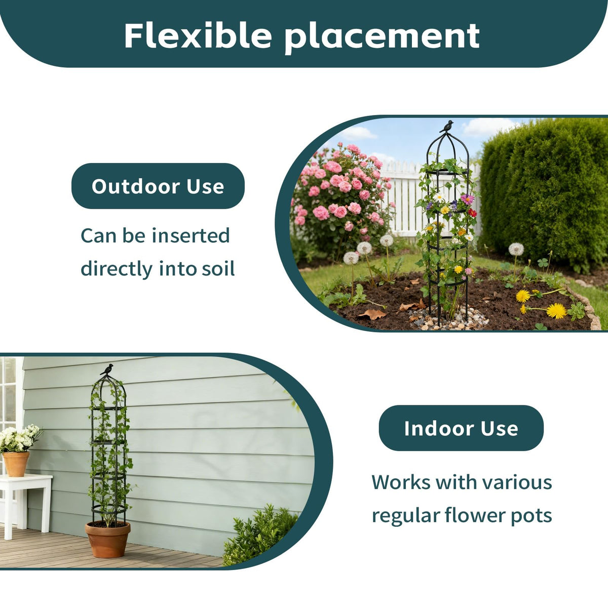 GreenGiggle adjustable-height trellis adapts to plant growth with removable rings.