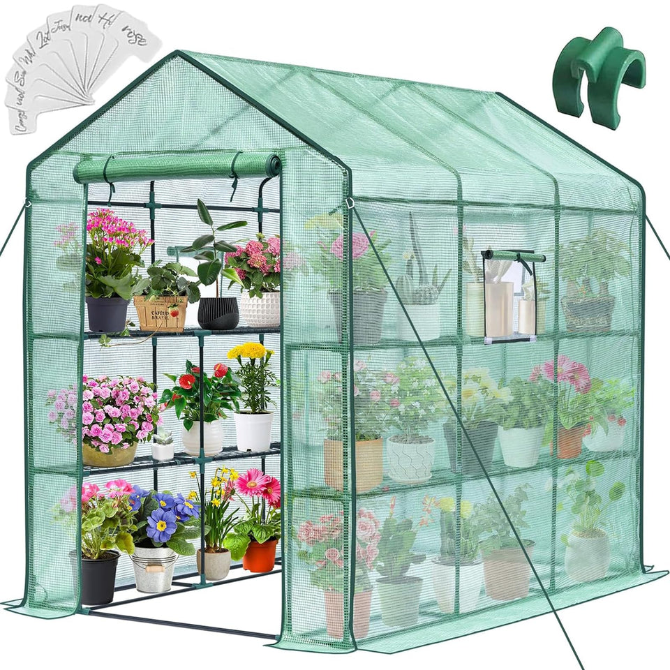 Greengro Greenhouse front view on patio, spacious walk-in design for easy plant access.