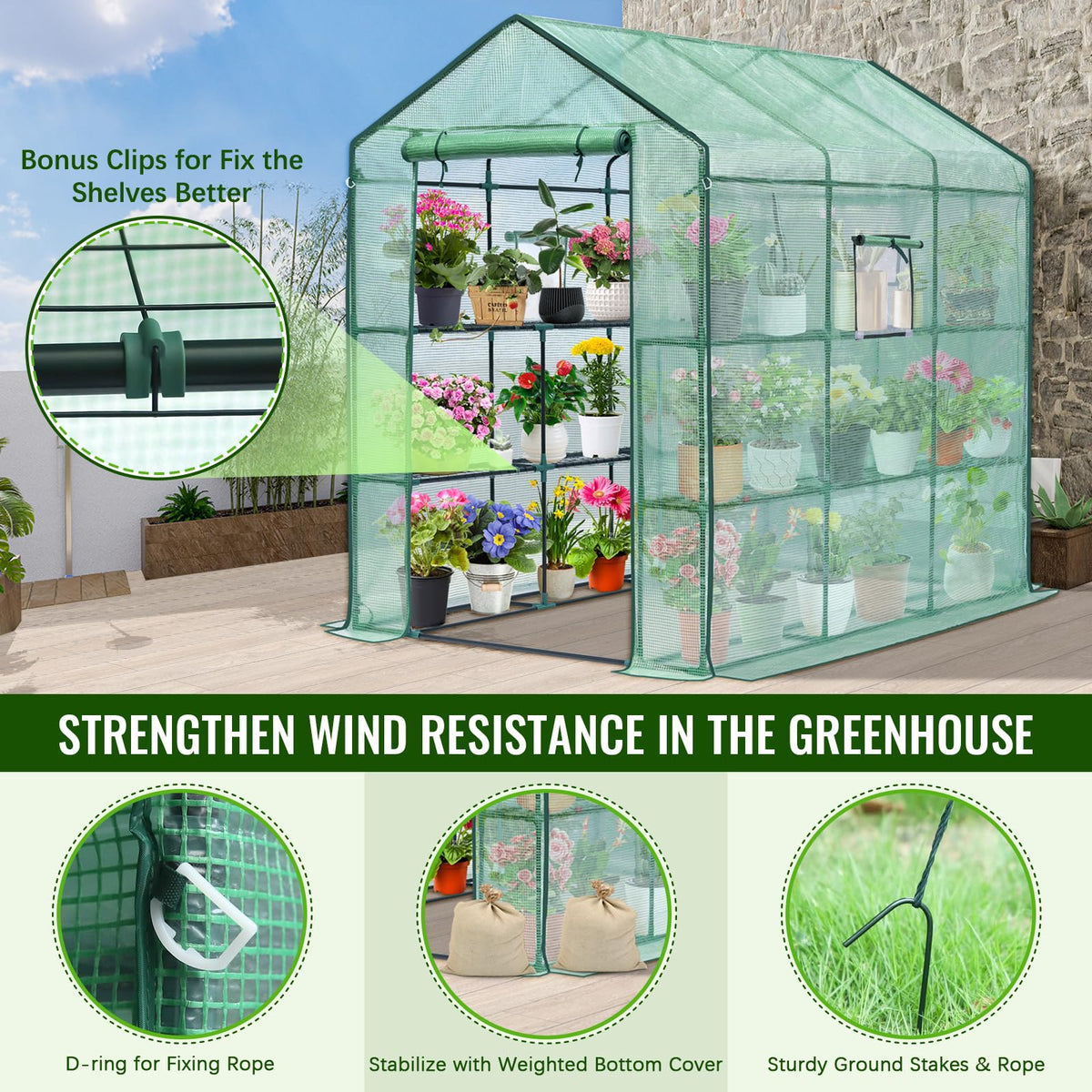 Greengro Greenhouse interior with eight shelves holds pots and trays.